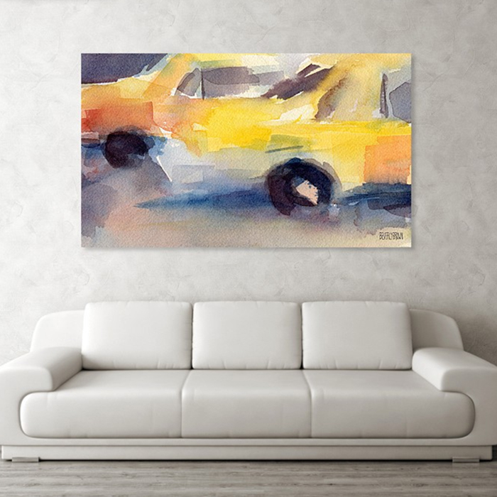 Yellow Taxi Cabs NYC Abstract Painting - New York taxi art - large print on canvas over the sofa - www.beverlybrown.com