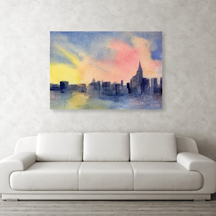 Colorful abstract New York skyline sunset painting prints available in multiple sizes & framing options; on canvas, metal or acrylic by Beverly Brown. www.beverlybrown.com