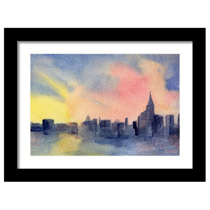 Colorful abstract New York skyline sunset painting framed prints in multiple sizes & framing options by New York artist Beverly Brown.