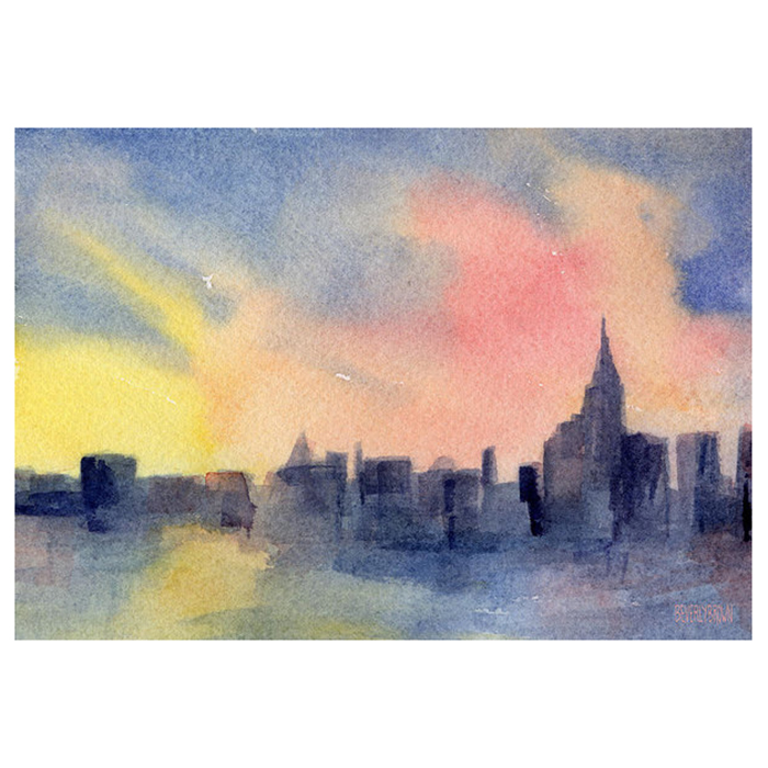 Colorful abstract New York skyline sunset painting available on canvas, metal, or acrylic in multiple sizes by New York artist, Beverly Brown. www.beverlybrown.com