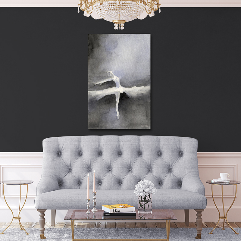 Abstract Black and White Ballerina Painting Large Canvas Art in Living Room on Charcoal Gray Wall by Beverly Brown - www.beverlybrown.com