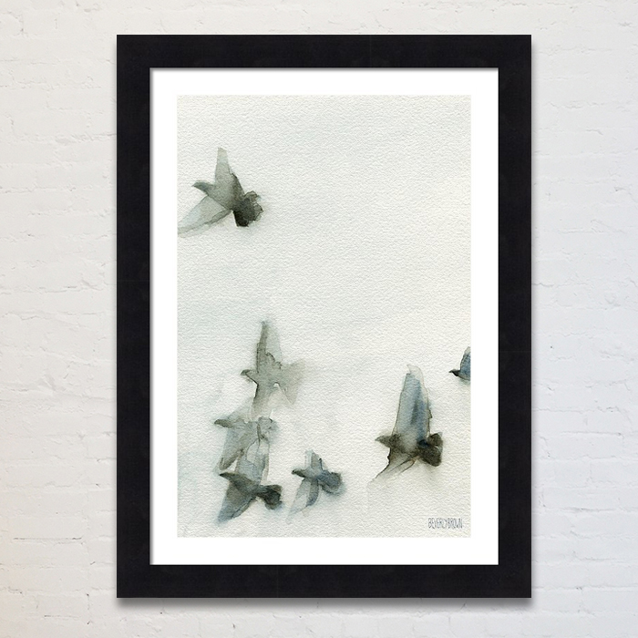 Paintings of birds in flight framed wall art print in shades of gray and blue by artist Beverly Brown. Available in multiple sizes and custom framing options. www.beverlybrown.com