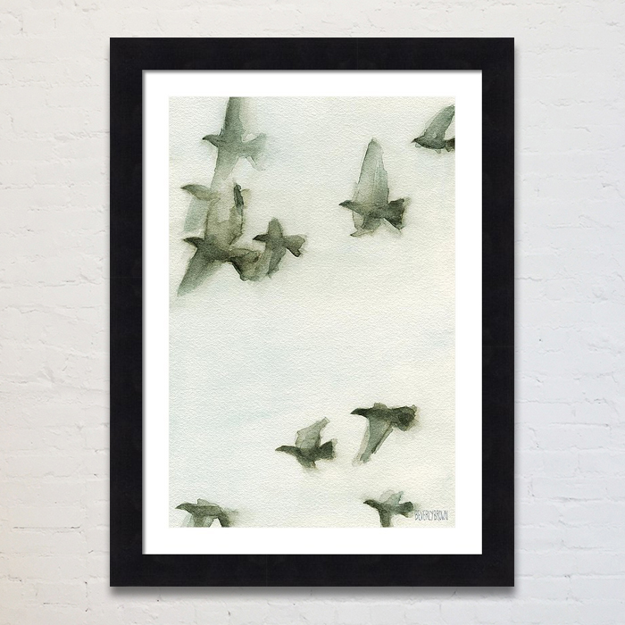 Paintings of birds in flight framed wall art print in shades of gray and blue by artist Beverly Brown. Available in multiple sizes and custom framing options. www.beverlybrown.com