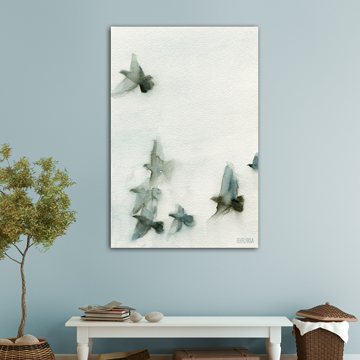 Painting of birds in flight wall art large canvas statement art in shades of gray and blue by Beverly Brown. Available in multiple sizes and framing options. www.beverlybrown.com