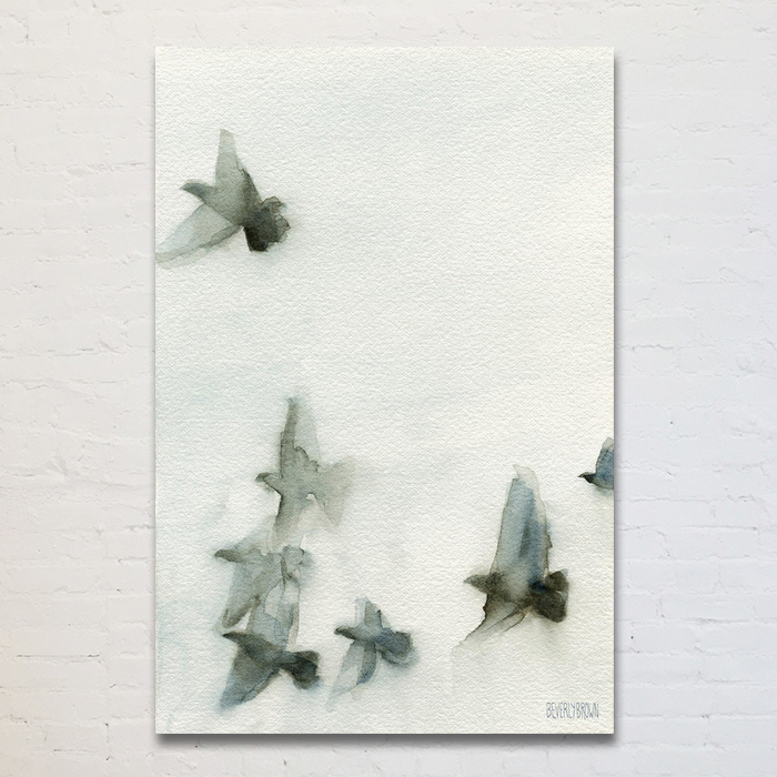 Painting of birds in flight wall art in gray, white and blue. Printed large on canvas - available in multiple sizes. www.beverlybrown.com