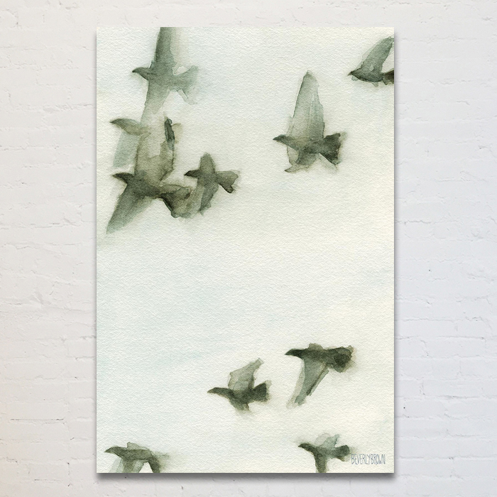 Painting of birds in flight wall art in gray, white and blue. Printed large on canvas - available in multiple sizes. www.beverlybrown.com