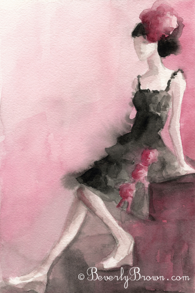 Watercolor Fashion Art - Woman in Black + Pink|Beverly Brown Artist