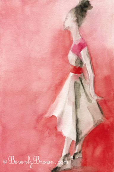 Watercolor Fashion Art - White and Pink Dress|Beverly Brown Artist