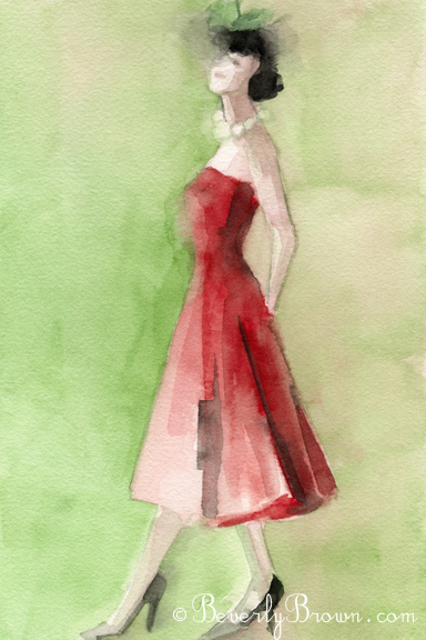 Watercolor Fashion Art - Vintage Inspired Red Dress|Beverly Brown Artist