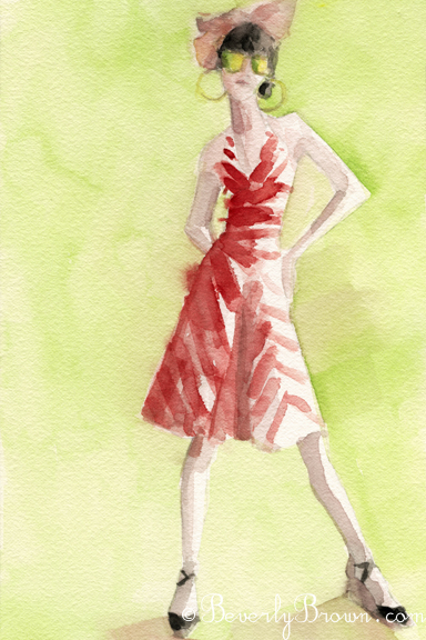 Watercolor Fashion Art - Red and white striped dress|Beverly Brown Artist