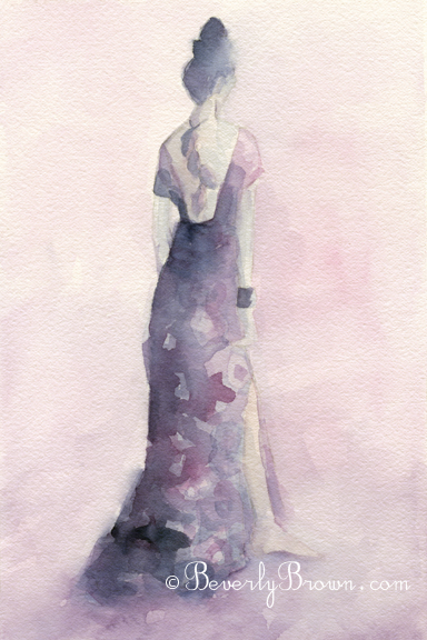Long Purple and Pink Gown - Watercolor Fashion Art|Beverly Brown Artist