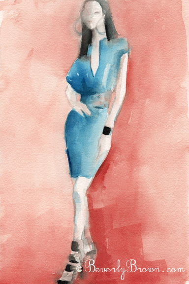 Watercolor Fashion Art - Turquoise Dress Red Background|Beverly Brown Artist