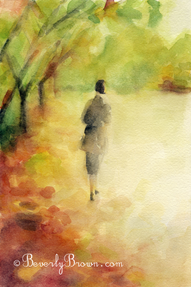 Watercolor Painting Autumn Scene of Woman Walking with Fall Leaves|Beverly Brown Artist