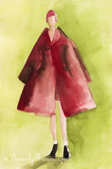 Watercolor Fashion Illustration - Red Coat|Beverly Brown Artist