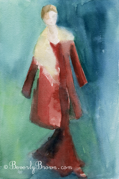 Watercolor Fashion Illustrations for Sale - Red Coat and Dress|Beverly Brown Artist