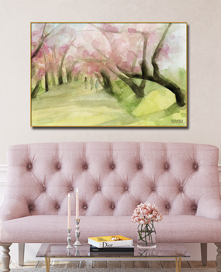 Cherry Blossom Trees in Central Park NYC - Blush Pink and Green Abstract Landscape Painting Large Canvas Wall Art over the Sofa - Artwork by Beverly Brown - For sale at www.beverlybrown.com