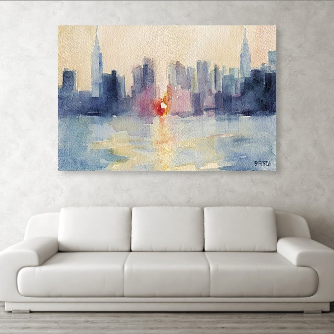 Manhattanhenge abstract New York skyline painting large wall art over the couch - art by Beverly Brown - www.beverlybrown.com