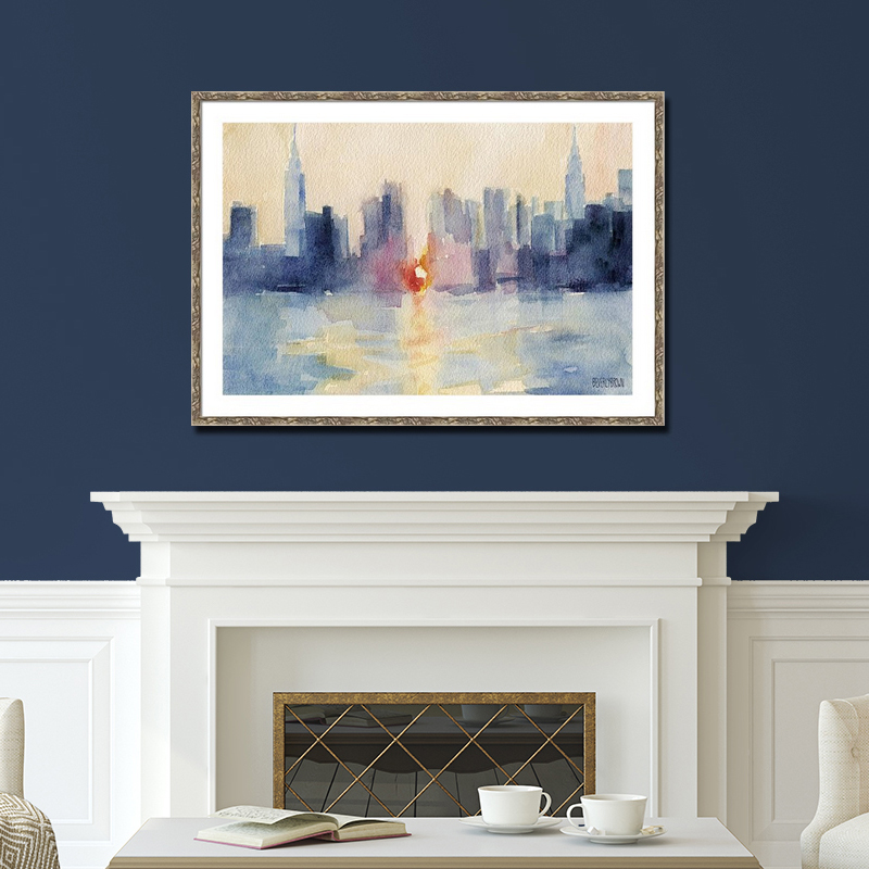 Manhattanhenge Abstract New York Skyline Painting large framed wall art over fireplace in a living room with navy blue walls - Beverly Brown - www.beverlybrown.com