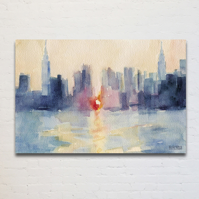 A large abstract painting of the NYC skyline at sunset. Wall art prints on canvas, metal and acrylic made to order by Beverly Brown - www.beverlybrown.com