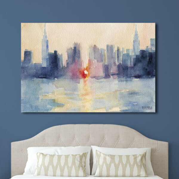 NYC skyline abstract painting large canvas print on a blue wall over the bed - art by Beverly Brown - www.beverlybrown.com