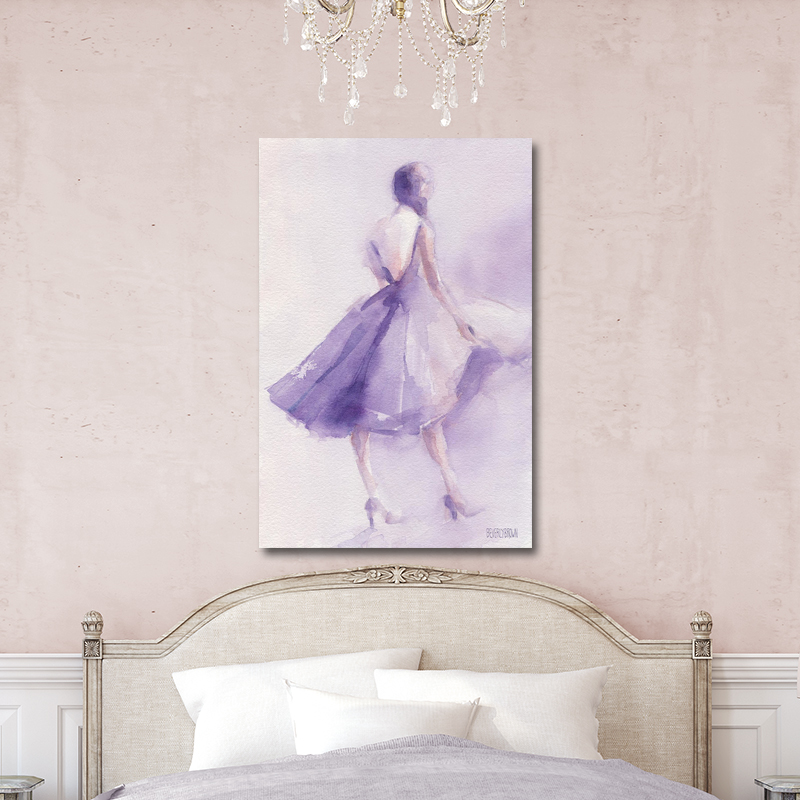 The Lavender Dress fashion illustration large canvas wall art over the bed on a blush pink wall. Fashion artwork by Beverly Brown. www.beverlybrown.com