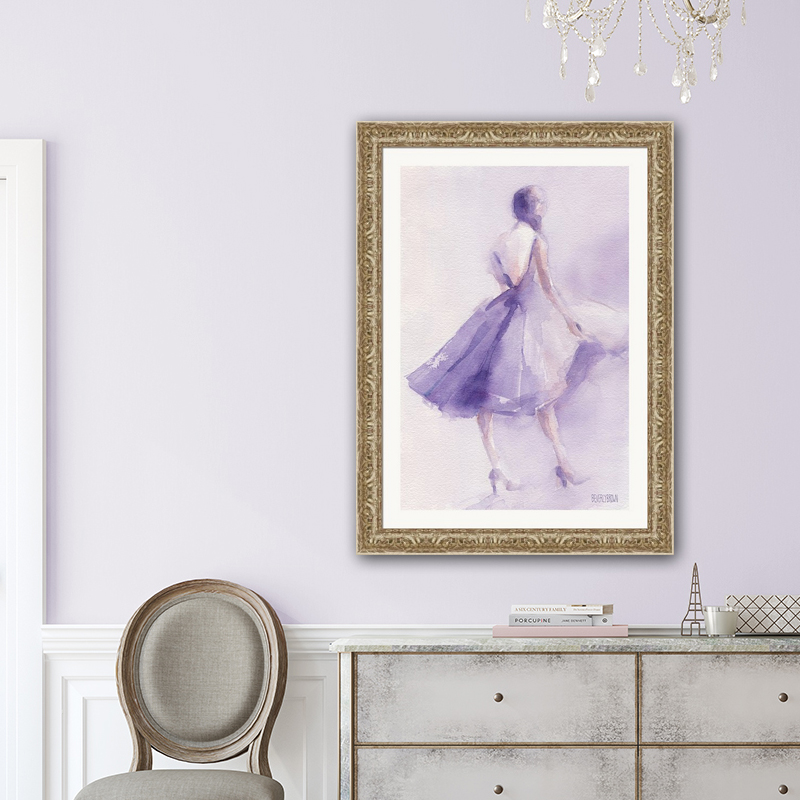 Entry hall with light purple walls featuring purple retro chic fashion illustration art by Beverly Brown. www.beverlybrown.com