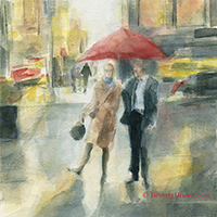 Red Umbrella New York in the Rain watercolor painting by Beverly Brown