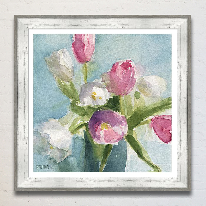 A shabby chic floral painting watercolor framed print in shades of aqua blue, pink, white and green by artist Beverly Brown. www.beverlybrown.com