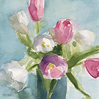 pink and white tulips watercolor painting by Beverly Brown
