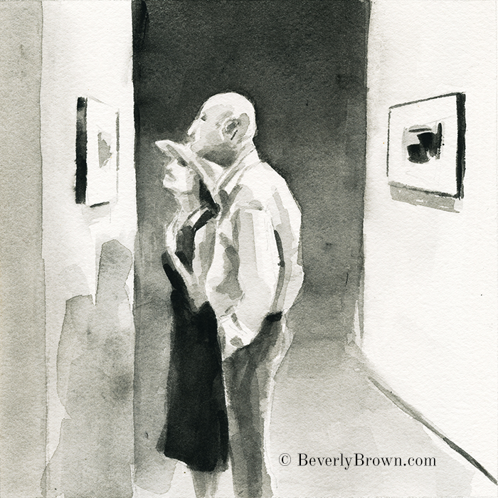 Sketchbook: Diane Arbus at the Met Breuer. Black and white watercolor sketch by artist Beverly Brown | www.beverlybrown.com