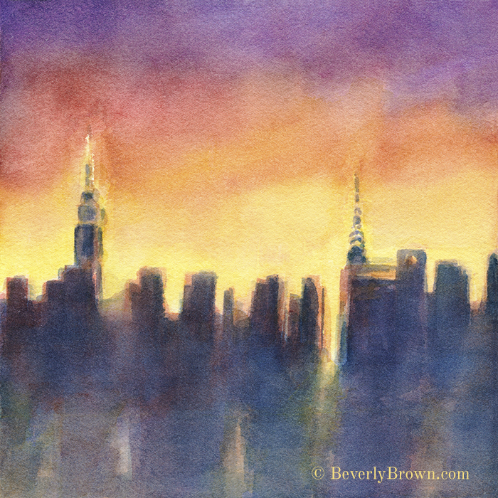 Colorful New York Skyline at Night Watercolor Wall Art Print. From a series of new paintings by Beverly Brown | Framed and canvas wall art for sale at www.beverlybrown.com