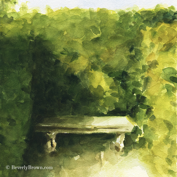 Bench, Parc de Bagatelle - From a series of Paris watercolor paintings by Beverly Brown | Framed and canvas wall art for sale at www.beverlybrown.com