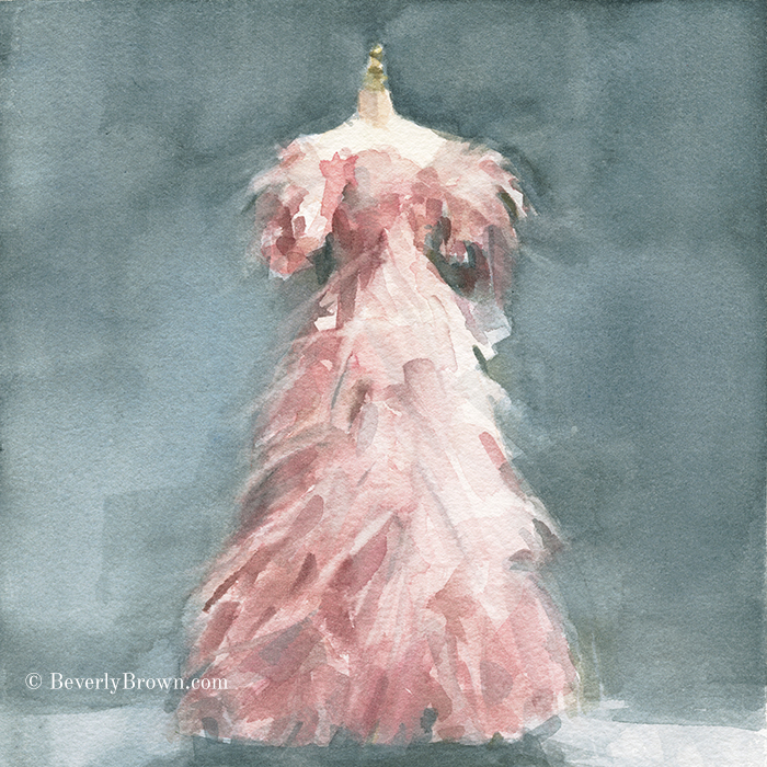 Blush Pink Evening Dress Art Print. From a series of new paintings inspired by fashion by Beverly Brown. Framed and canvas wall art for sale at www.beverlybrown.com