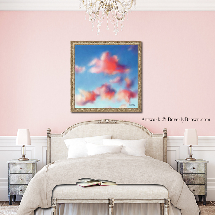 Tiepolo Clouds pink and blue wall art for a blush pink bedroom. Framed wall art over the bed by Beverly Brown. Art prints and canvas wall art for sale in multiple sizes. | www.beverlybrown.com