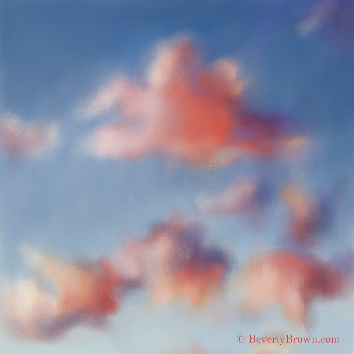 "Tiepolo Clouds" painting by Beverly Brown. Dreamy pink Tiepolo clouds were the inspiration for this atmospheric painting by Beverly Brown. Art prints and canvas wall art for sale in multiple sizes. - www.beverlybrown.com