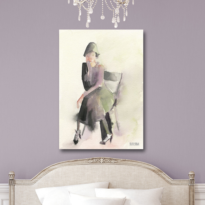 Retro chic wall art print over the bed in a feminine purple bedroom. This large canvas art print featuring a 1920s vintage inspired woman in a cloche hat, painted in shades of purple, grey and green. - www.beverlybrown.com