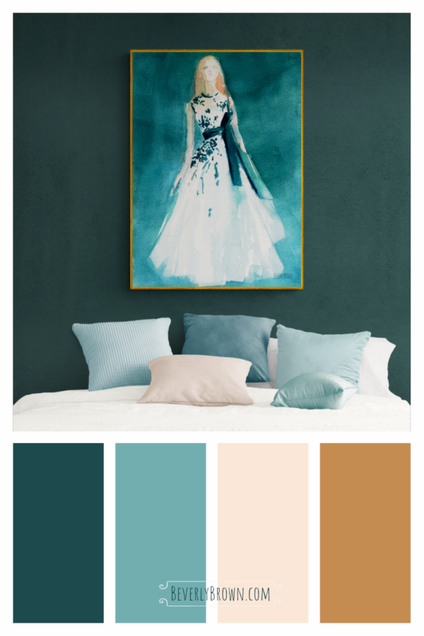 Teal and White Evening Dress - Giclée Print - Image 2
