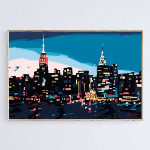 New York Skyline at Dusk in Navy Blue Teal and Pink - Giclée Print