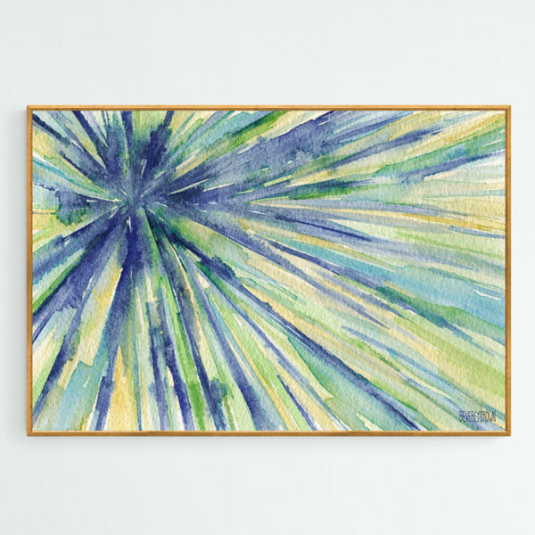 Abstract Watercolor Painting - Blue Yellow Green Starburst  - Giclée Print
