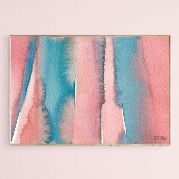 Abstract Watercolor Painting - Coral and Teal Blue Wide Stripes - Giclée Print