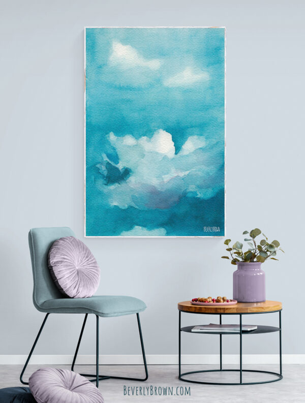 Blue Sky White Clouds Watercolor Painting - Giclée Print - Image 2