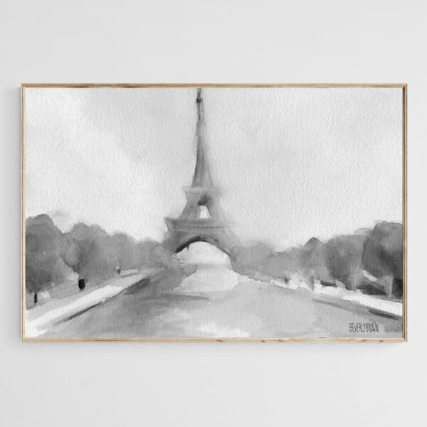 Eiffel Tower Watercolor Painting Black and White - Giclée Print