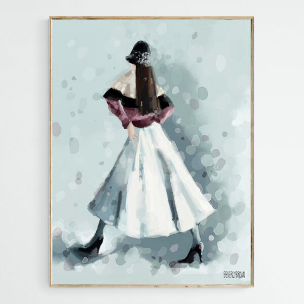 Long White Skirt and Black Sequined Hat Fashion Illustration - Giclée Print