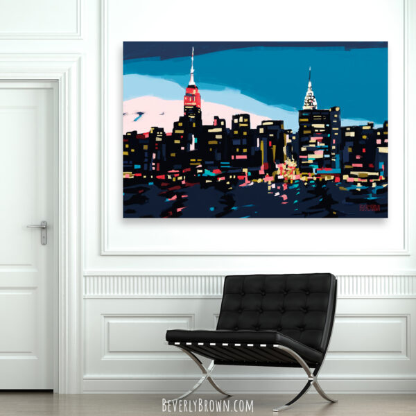 New York Skyline at Dusk in Navy Blue Teal and Pink - Giclée Print - Image 2