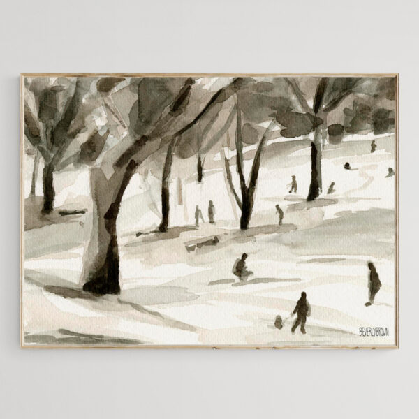 Sledding in the Snow Watercolor Painting of Central Park - Giclée Print