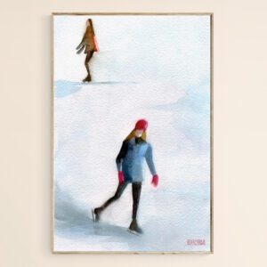 Two Girls Ice Skating Watercolor Painting  - Giclée Print