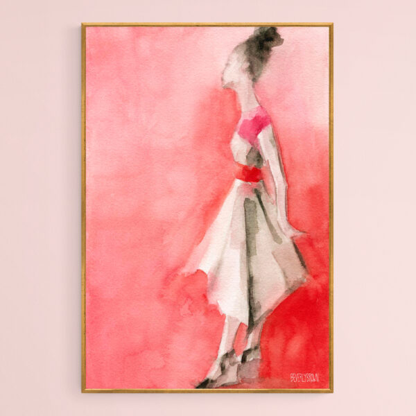 White Dress with Red Belt Fashion Illustration - Giclée Print