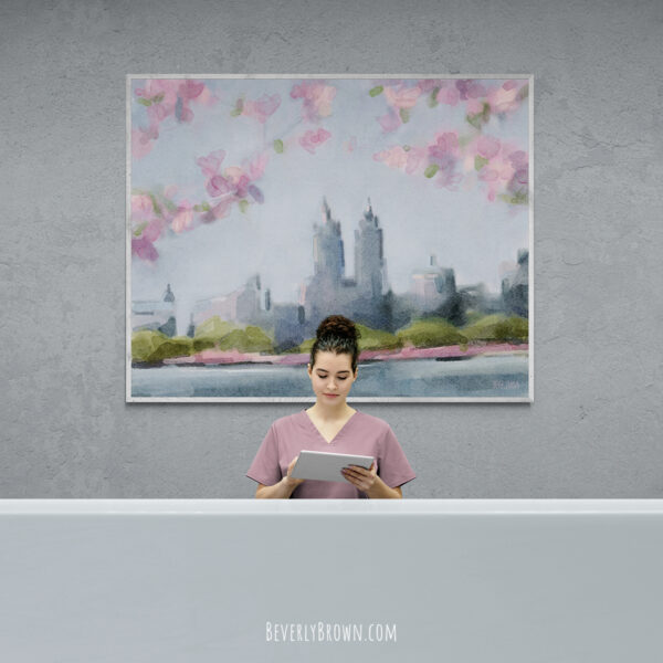 Cherry Blossoms Central Park Reservoir NYC Painting - Giclée Print - Image 2