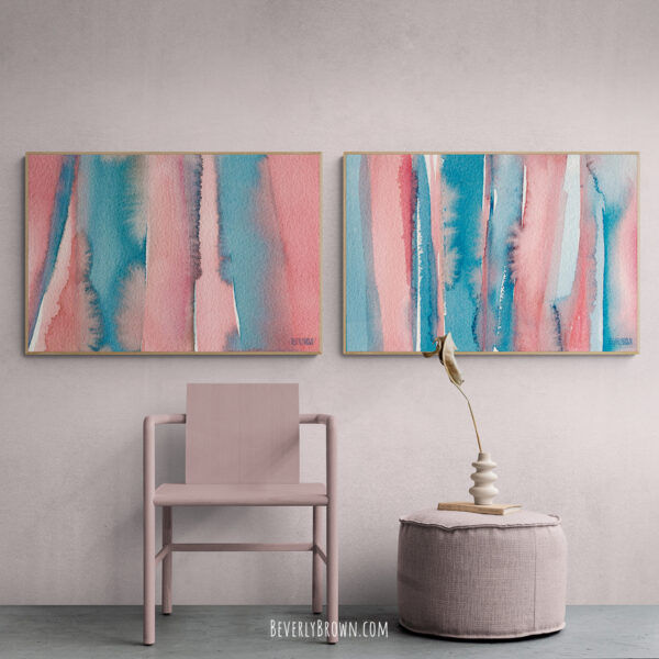 Abstract Watercolor Painting - Coral and Teal Blue Medium Stripes - Giclée Print - Image 2